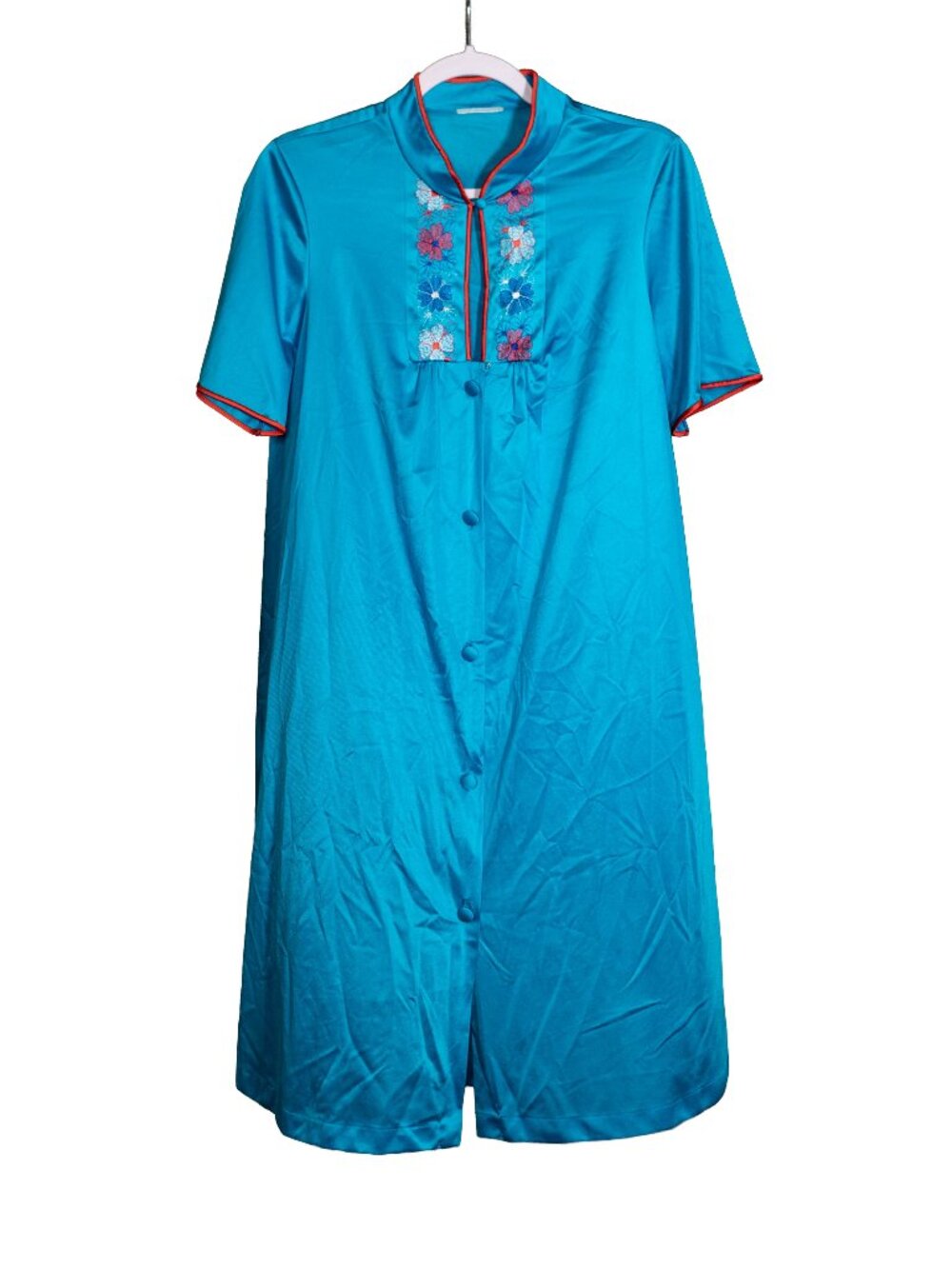 Vintage 70s Blue & Red Satin Mumu/Lounger/Night Gown - Large/XL